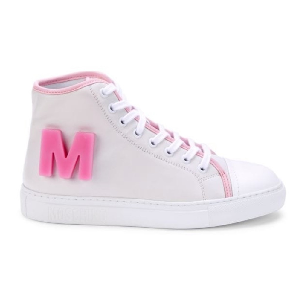 🔥🔥🔥NEW Moschino White & Pink Leather Logo High Top Leather Lace Sneaker
